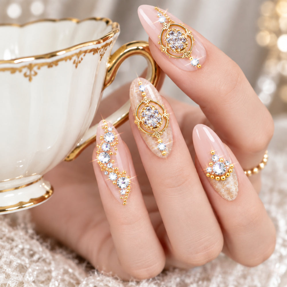 1 Set Bling 3D Nail Art Big Oval Nails Rhinestones, Baroque Vintage Style Nail Crystals 3D Nail Art Charms, Bedazzled Nails Supplies, Mixed Golden Micro Beads Nail Gems Decoration, Light Luxury Premium Wearable Nail Additions