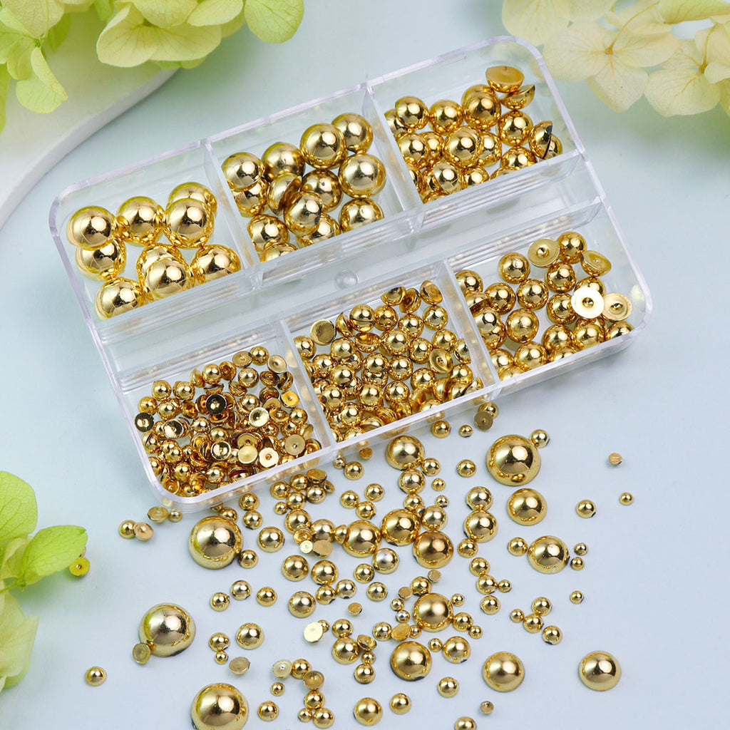 6 Grid Silvery Half-Round Nail Art Decoration DIY Nail Art Set, Metallic Half-Round Flatback Pearl Nail Art Supplies for Women and Girls Decoration Mixed Size Parts
