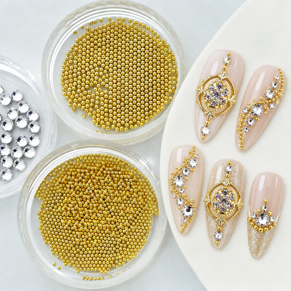 1 Set Bling 3D Nail Art Big Oval Nails Rhinestones, Baroque Vintage Style Nail Crystals 3D Nail Art Charms, Bedazzled Nails Supplies, Mixed Golden Micro Beads Nail Gems Decoration, Light Luxury Premium Wearable Nail Additions
