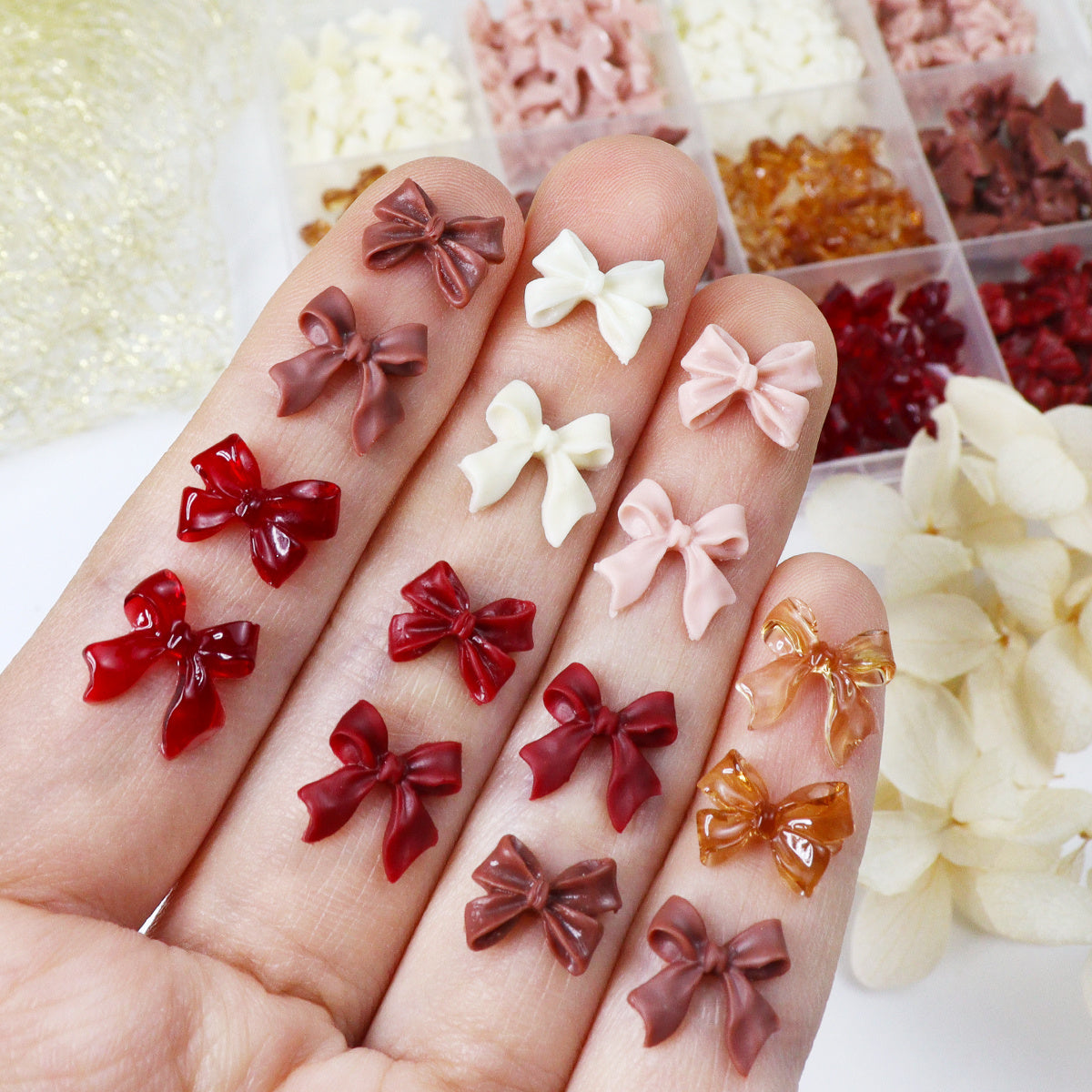 1box Melard Brown 3D Bow Nail Decorations Suitable for DIY Press-On Nails, Amber & Burgundy Resin Bow Accents with Mixed, Sweet Bows for Autumn Winter Nail Art Supplies