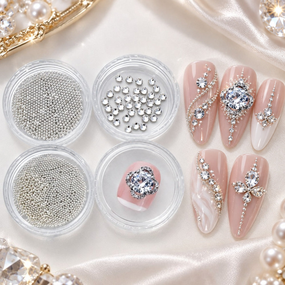 1 Set Luxury Bling Nails Rhinestones Kit, Mixed Silver Beads Flat Bottom Rhinestones Nail Art Decorations, Sparkling Square Nail Crystalsm，palace Style  3D Nail Accessories, Y2K DIY Manicure Supplies