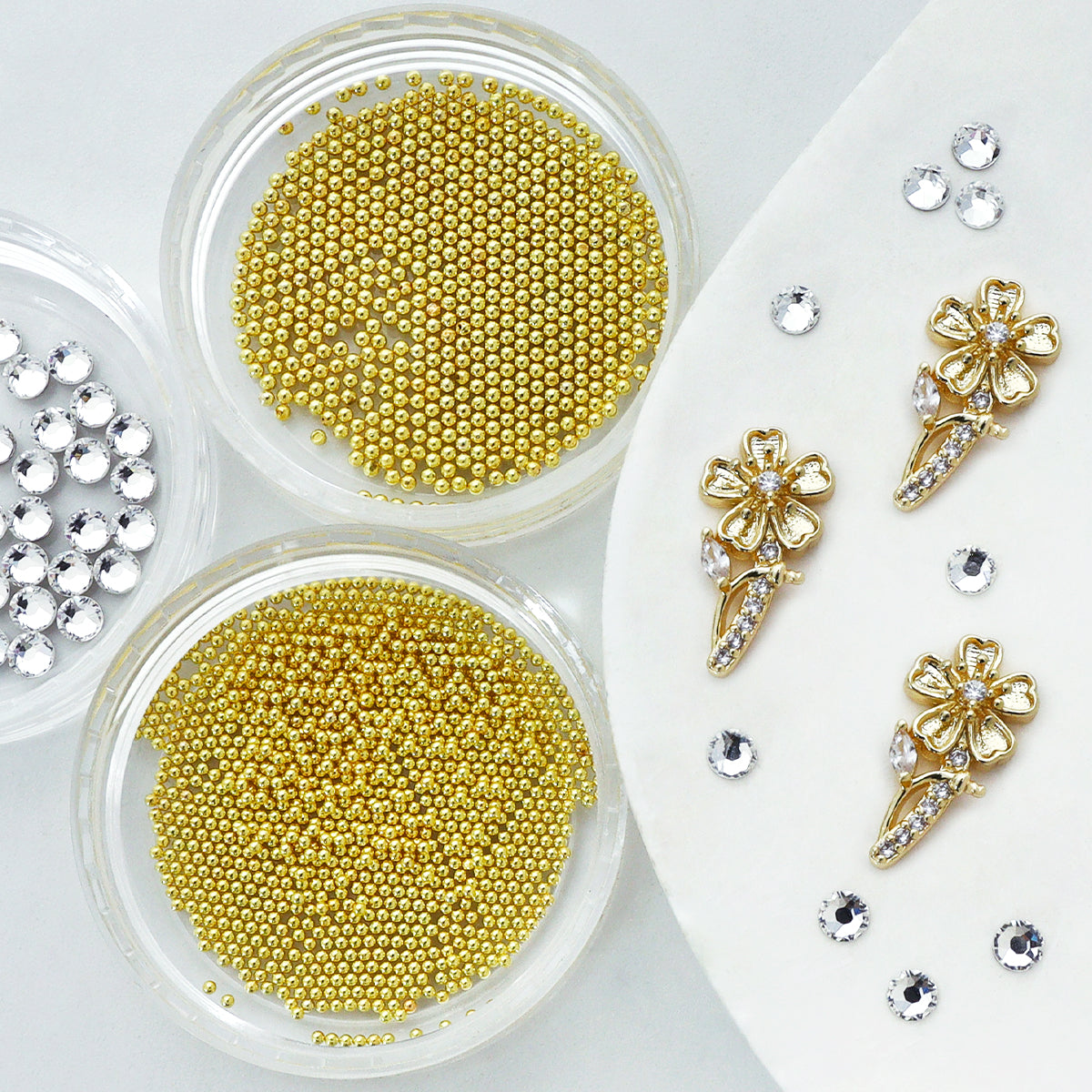 1 Set Golden Bling Metal Flower Nails Rhinestones, Kawaii 3D Nail Art Charms, Mixed Micro Beads Nail Gems Decoration  3D DIY Nail Art Supplies