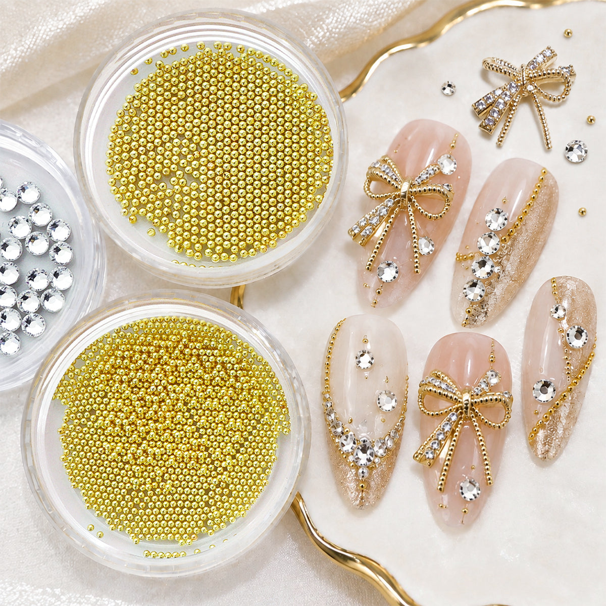 1 Set Luxury Metal Bow Bedazzled Nails Rhinestones,Christmas Bling Nail Crystals 3D Nail Art Charms, Mixed Golden Micro Beads Nail Gems Decoration, Xmas Party&Banquet DIY Manicure Supplie,Nail Parts for Girls and Women