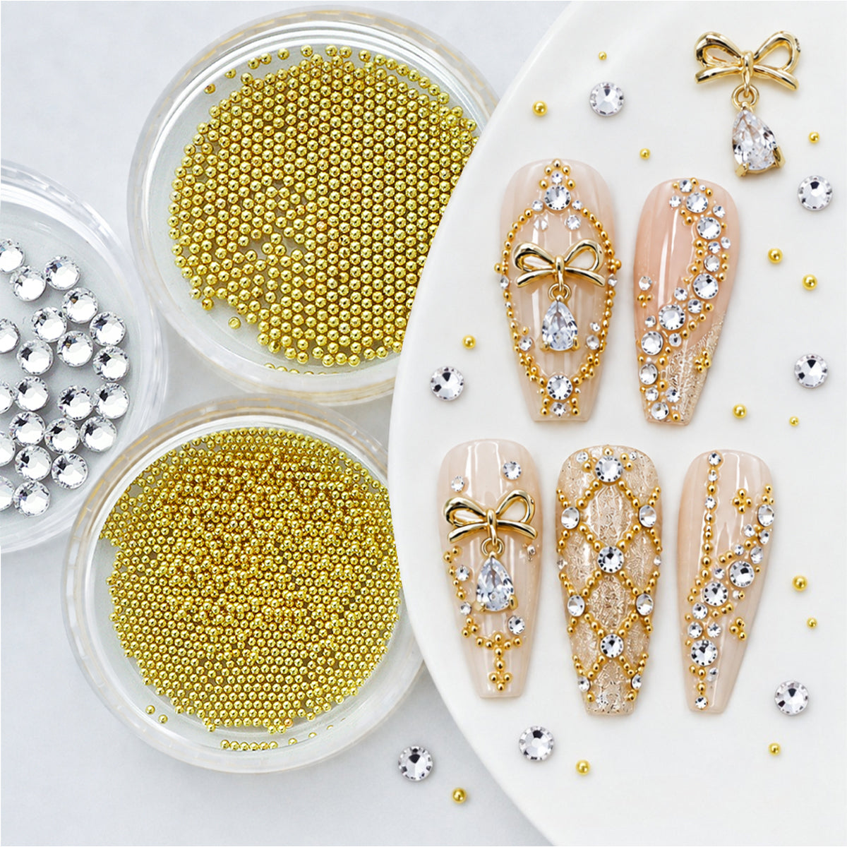 1 Set Golden Bling Bow Nails Rhinestones, Kawaii 3D Nail Art Charms, Mixed Micro Beads Nail Gems Decoration 3D DIY Nail Art Supplies