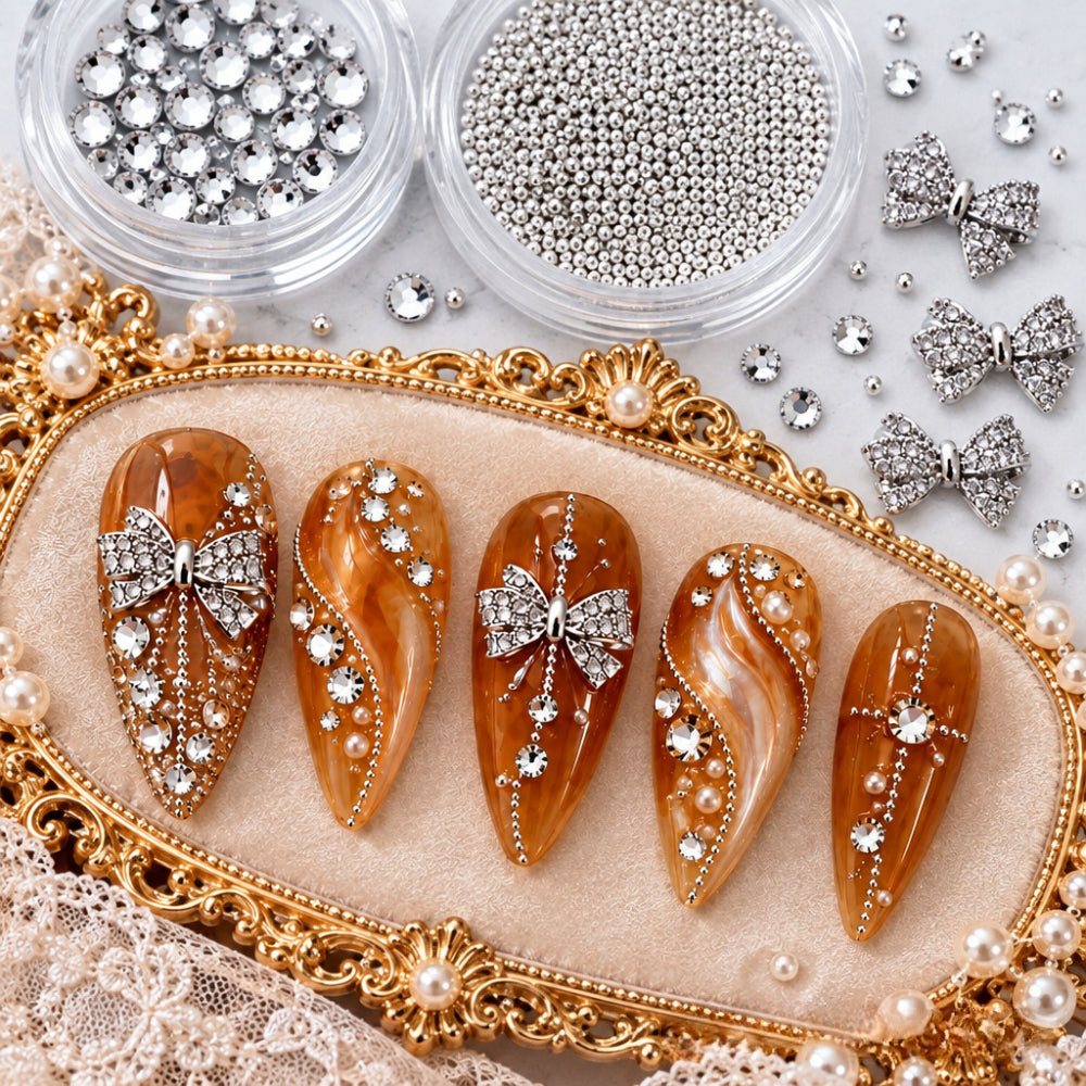 1 Set Luxury Bling Bow Nails Rhinestones, Mixed Silver Beads Flat Bottom Rhinestones Nail Art Decorations, Sparkling Bow Tie Nail Crystalsm，palace Style  3D Nail Accessories, Party&Banquet DIY Manicure Supplie