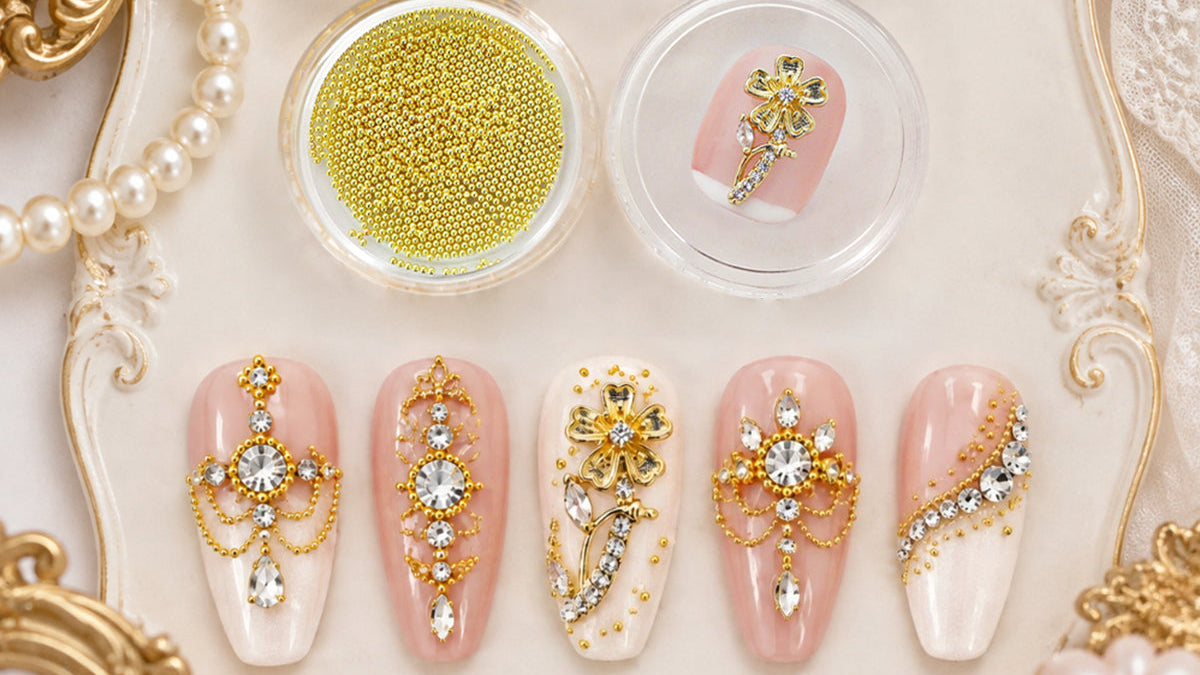 1 Set Golden Bling Metal Flower Nails Rhinestones, Kawaii 3D Nail Art Charms, Mixed Micro Beads Nail Gems Decoration  3D DIY Nail Art Supplies