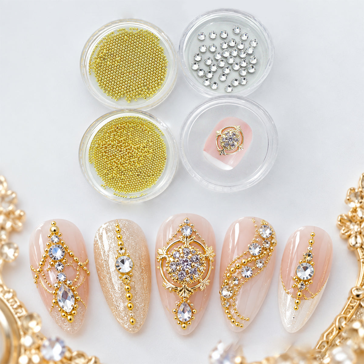 1 Set Bling 3D Nail Art Big Oval Nails Rhinestones, Baroque Vintage Style Nail Crystals 3D Nail Art Charms, Bedazzled Nails Supplies, Mixed Golden Micro Beads Nail Gems Decoration, Light Luxury Premium Wearable Nail Additions