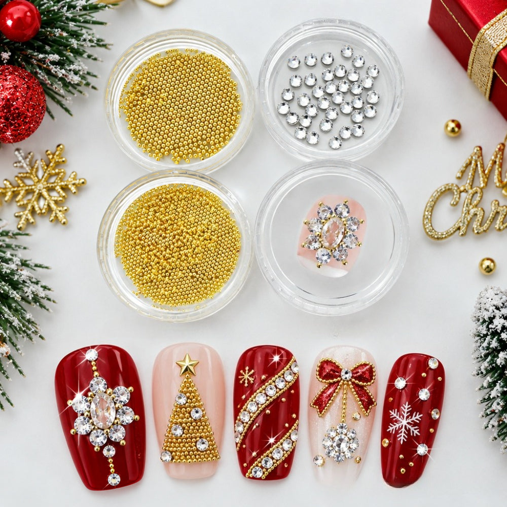1 Set Luxury Bling Nails Rhinestones, Mixed Golden Beads Flat Bottom Rhinestones Nail Art Decorations, Octagonal Nail Crystalsm，Y2K 3D Nail Supplies, Christmas DIY Manicure