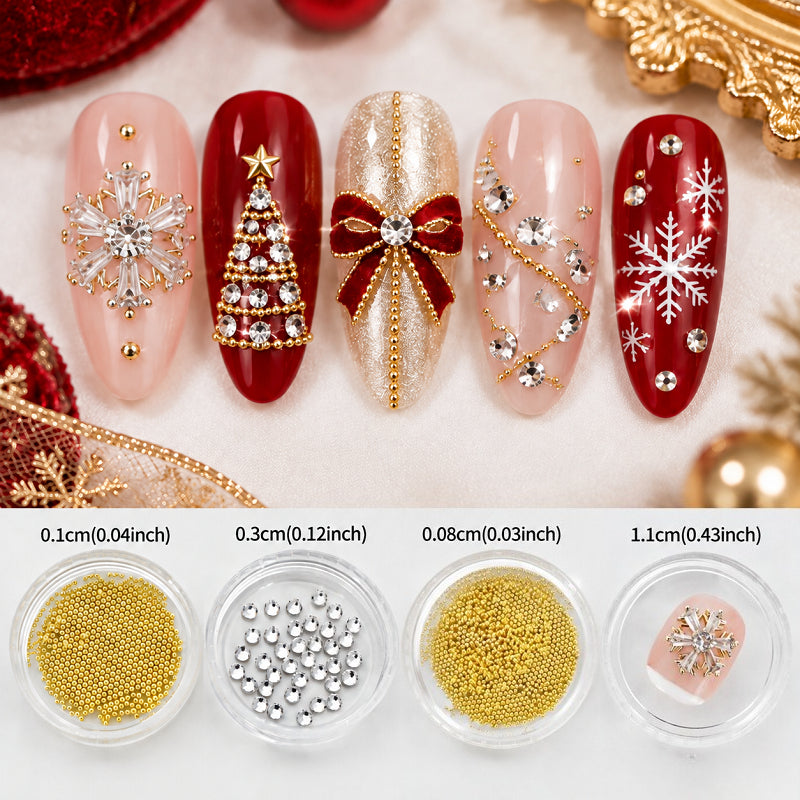 1 Set Luxury Bling Christmas Snowflakes Nails Rhinestones, Mixed Golden Beads Hexagonal Nail Crystalsbedazzled Y2K 3D Nail Decoration, Xmas Party Nail Supplies