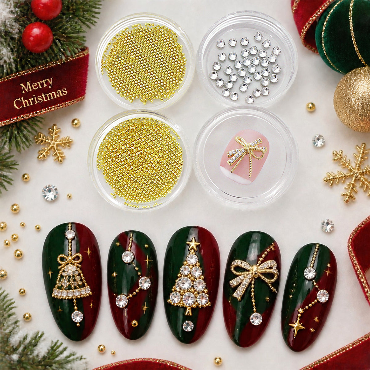 1 Set Luxury Metal Bow Bedazzled Nails Rhinestones,Christmas Bling Nail Crystals 3D Nail Art Charms, Mixed Golden Micro Beads Nail Gems Decoration, Xmas Party&Banquet DIY Manicure Supplie,Nail Parts for Girls and Women
