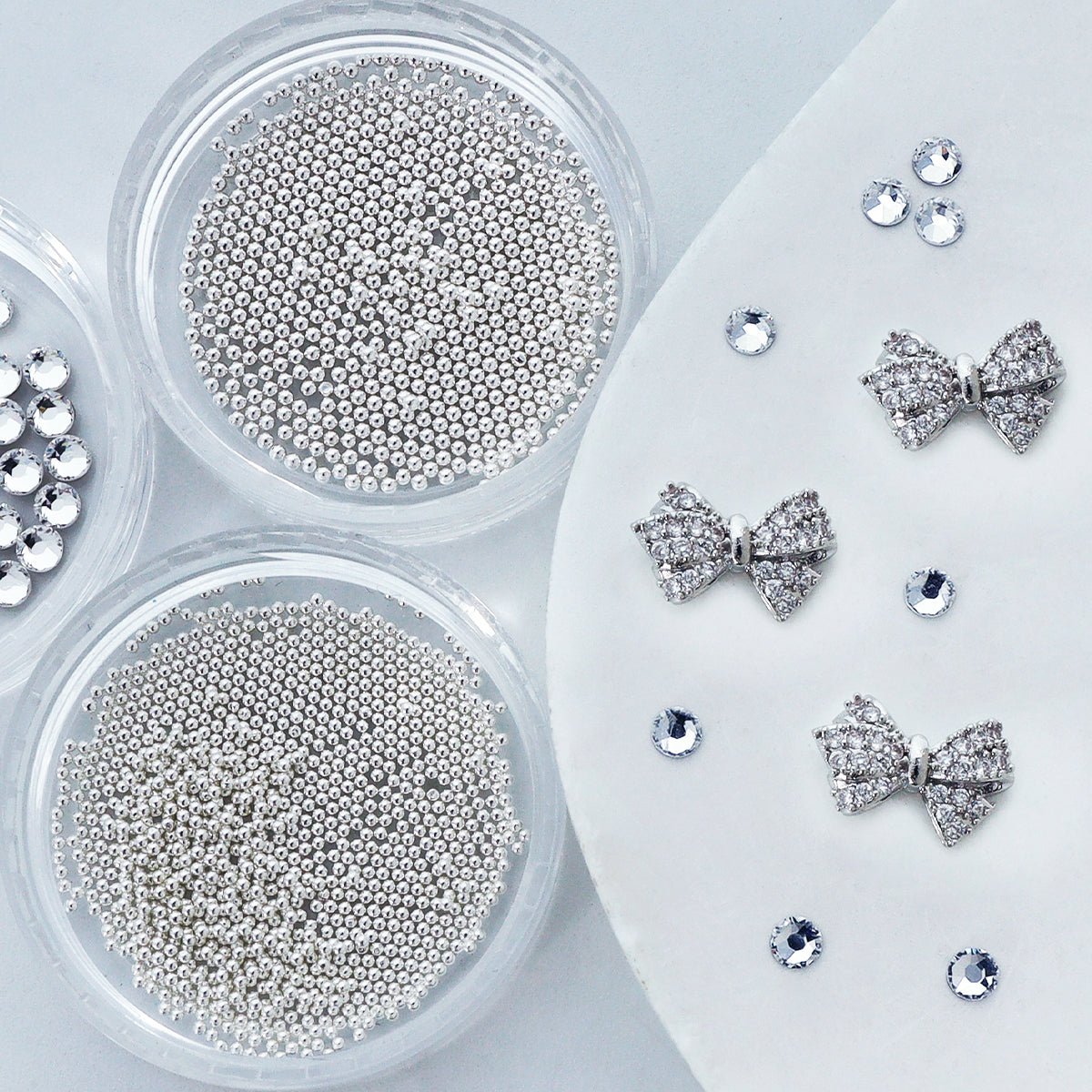 1 Set Luxury Bling Bow Nails Rhinestones, Mixed Silver Beads Flat Bottom Rhinestones Nail Art Decorations, Sparkling Bow Tie Nail Crystalsm，palace Style  3D Nail Accessories, Party&Banquet DIY Manicure Supplie