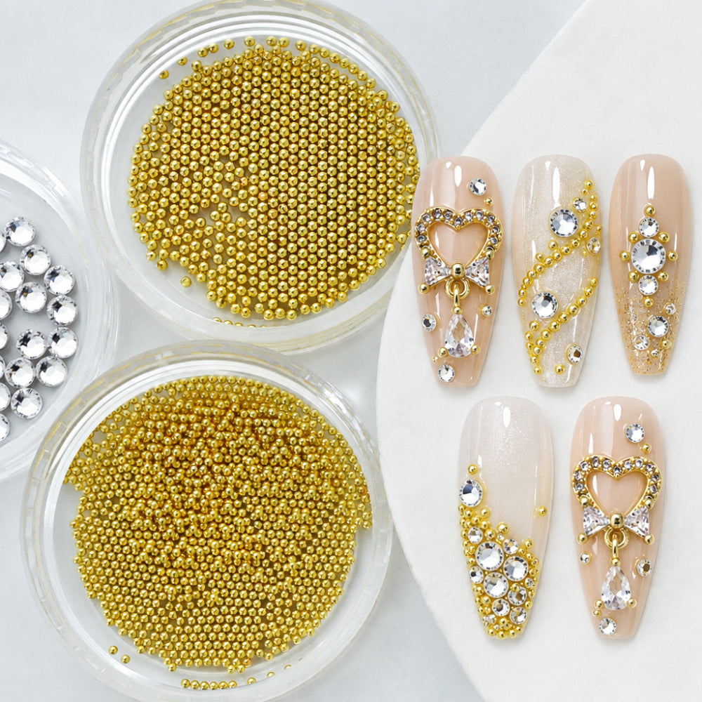 1 Set Luxury Love Heart Metal Tassel Nails Rhinestones, Bedazzled Nails Bling 3D Nail Art Charms, Mixed Golden Micro Beads Nail Gems Decoration Party&Banquet DIY Manicure Supplie