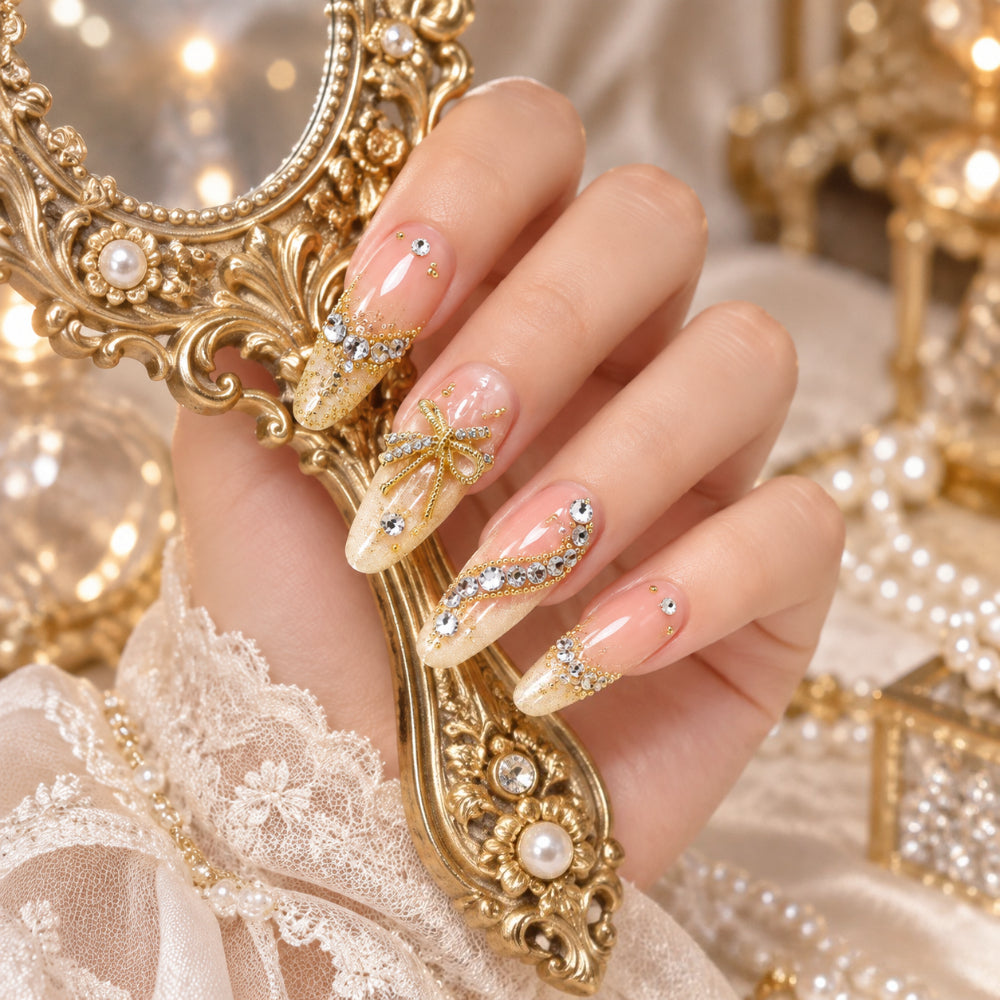 1 Set Luxury Metal Bow Bedazzled Nails Rhinestones,Christmas Bling Nail Crystals 3D Nail Art Charms, Mixed Golden Micro Beads Nail Gems Decoration, Xmas Party&Banquet DIY Manicure Supplie,Nail Parts for Girls and Women