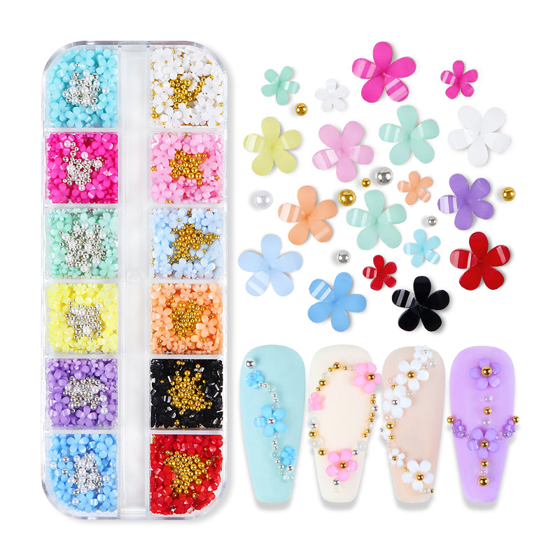 12‑Grid 3D 5‑Petal Mini‑Flower Nail Charms Gold Silver Bead Multi‑Color Resin Nail Art DIY Decor Accessories