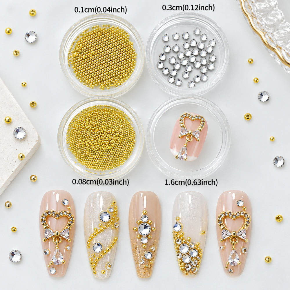 1 Set Luxury Love Heart Metal Tassel Nails Rhinestones, Bedazzled Nails Bling 3D Nail Art Charms, Mixed Golden Micro Beads Nail Gems Decoration Party&Banquet DIY Manicure Supplie