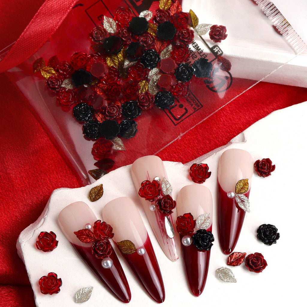 50pcs Kawaii Rose Nail Charms Valentine's Day Decorations, Camellia Nail Parts, Leaf Nail Supplies & Accessories for Fashion Manicure DIY Women's Nail Salon Design