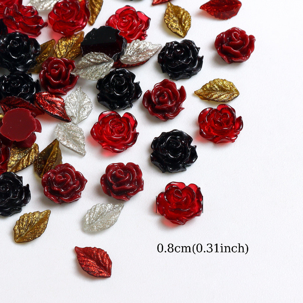 50pcs Kawaii Rose Nail Charms Valentine's Day Decorations, Camellia Nail Parts, Leaf Nail Supplies & Accessories for Fashion Manicure DIY Women's Nail Salon Design