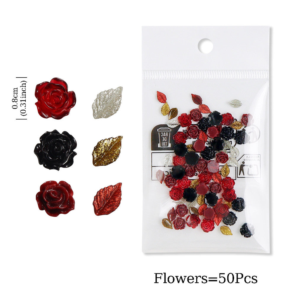 50pcs Kawaii Rose Nail Charms Valentine's Day Decorations, Camellia Nail Parts, Leaf Nail Supplies & Accessories for Fashion Manicure DIY Women's Nail Salon Design