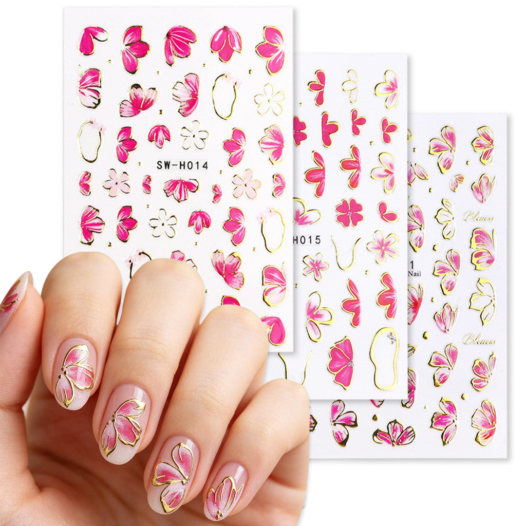 3pcs/set 3D Relief Golden-edged Floral Petal Sticker, Summer Floral Nail Art Sticker Self-Adhesive Decals DIY Nail Decoration, for Women's Nail Supplies