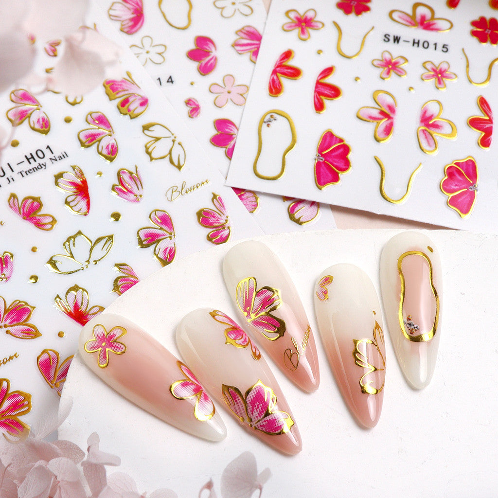 3pcs/set 3D Relief Golden-edged Floral Petal Sticker, Summer Floral Nail Art Sticker Self-Adhesive Decals DIY Nail Decoration, for Women's Nail Supplies