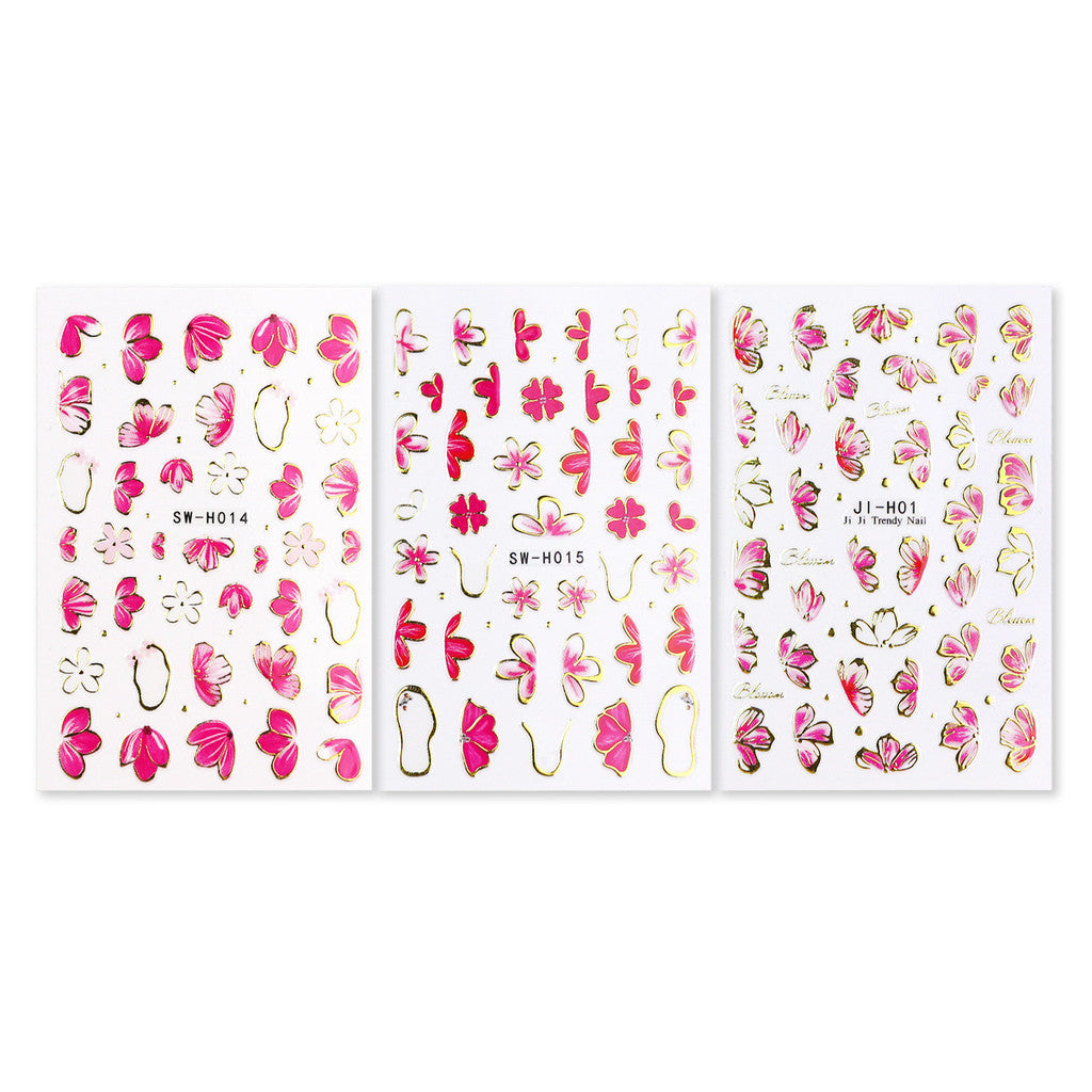 3pcs/set 3D Relief Golden-edged Floral Petal Sticker, Summer Floral Nail Art Sticker Self-Adhesive Decals DIY Nail Decoration, for Women's Nail Supplies