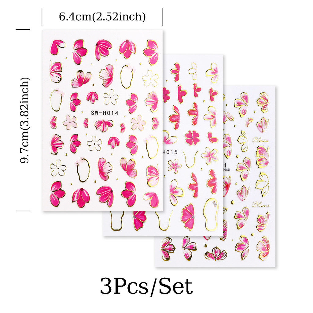 3pcs/set 3D Relief Golden-edged Floral Petal Sticker, Summer Floral Nail Art Sticker Self-Adhesive Decals DIY Nail Decoration, for Women's Nail Supplies