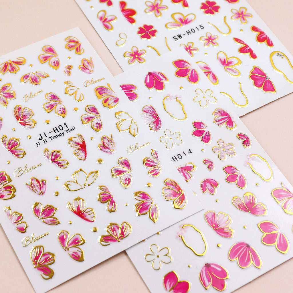 3pcs/set 3D Relief Golden-edged Floral Petal Sticker, Summer Floral Nail Art Sticker Self-Adhesive Decals DIY Nail Decoration, for Women's Nail Supplies
