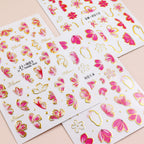 3pcs/set 3D Relief Golden-edged Floral Petal Sticker, Summer Floral Nail Art Sticker Self-Adhesive Decals DIY Nail Decoration, for Women's Nail Supplies