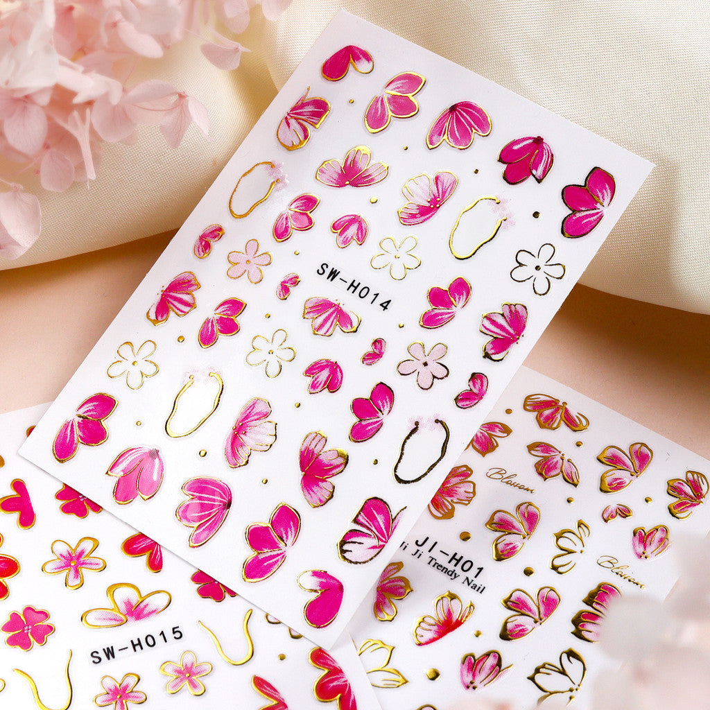 3pcs/set 3D Relief Golden-edged Floral Petal Sticker, Summer Floral Nail Art Sticker Self-Adhesive Decals DIY Nail Decoration, for Women's Nail Supplies