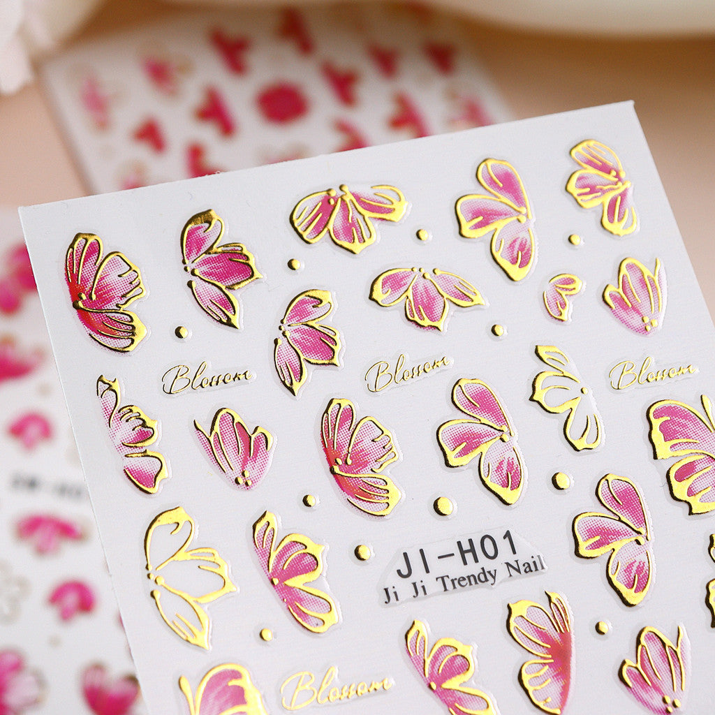 3pcs/set 3D Relief Golden-edged Floral Petal Sticker, Summer Floral Nail Art Sticker Self-Adhesive Decals DIY Nail Decoration, for Women's Nail Supplies