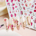 3pcs/set 3D Relief Golden-edged Floral Petal Sticker, Summer Floral Nail Art Sticker Self-Adhesive Decals DIY Nail Decoration, for Women's Nail Supplies