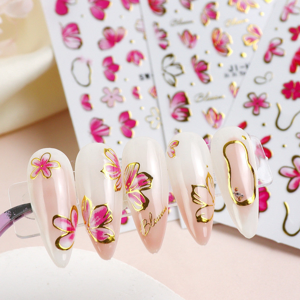 3pcs/set 3D Relief Golden-edged Floral Petal Sticker, Summer Floral Nail Art Sticker Self-Adhesive Decals DIY Nail Decoration, for Women's Nail Supplies