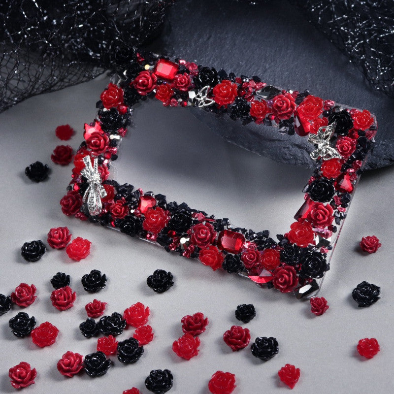 100PCS Cool Dark Red‑Black 3D Rose Resin Nail Charms, Gothic Retro Mixed Nail Decorations, DIY Press On Nail Accessories, Women Manicure Salon Nail Art Supplies