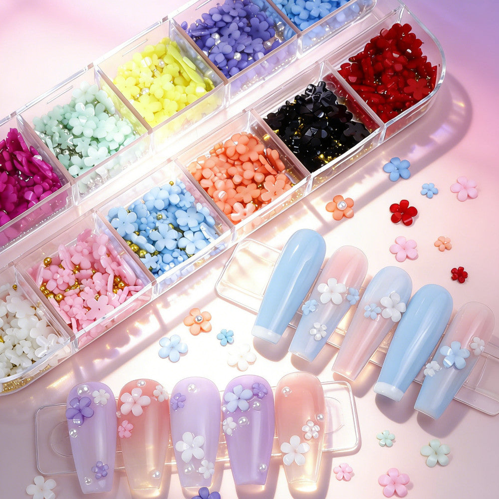 12‑Grid 3D 5‑Petal Mini‑Flower Nail Charms Gold Silver Bead Multi‑Color Resin Nail Art DIY Decor Accessories