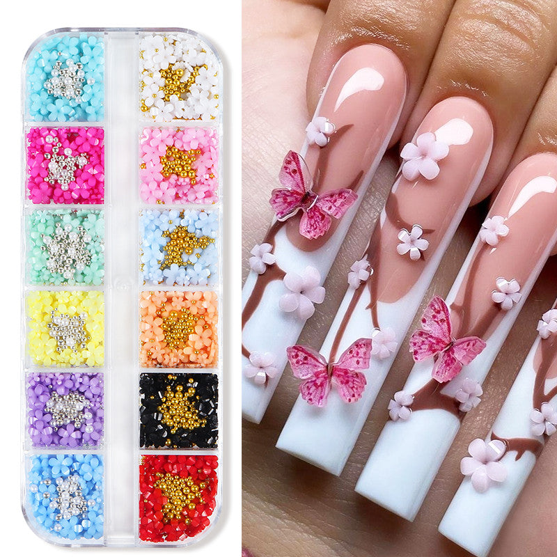 12‑Grid 3D 5‑Petal Mini‑Flower Nail Charms Gold Silver Bead Multi‑Color Resin Nail Art DIY Decor Accessories