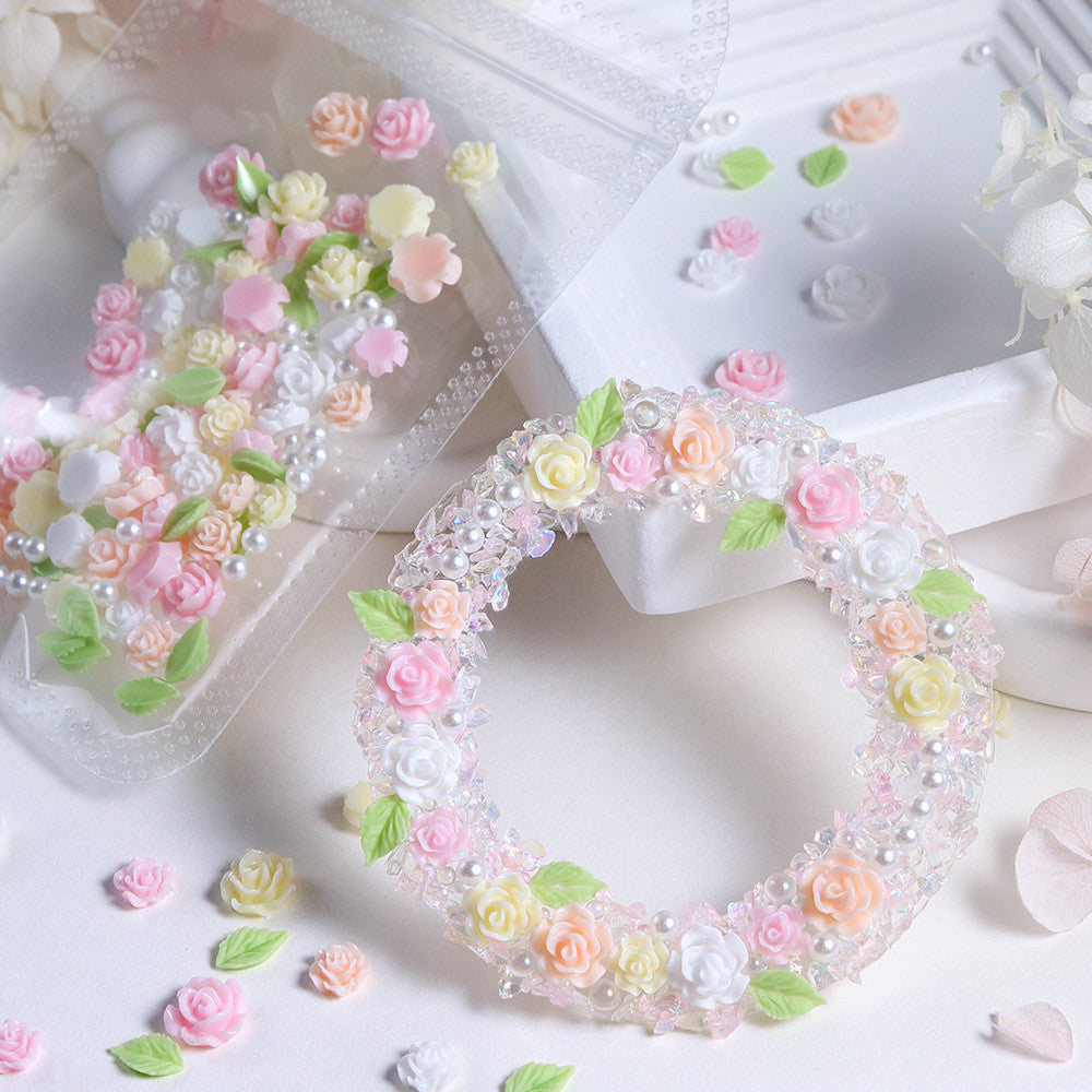 100pcs Gentle Spring Atmosphere Macaron 3D Rose Green‑Leaf Pearl Nail Charms Pink‑Yellow‑White Tri‑Color Mixed Resin Nail Art DIY Decor Accessories
