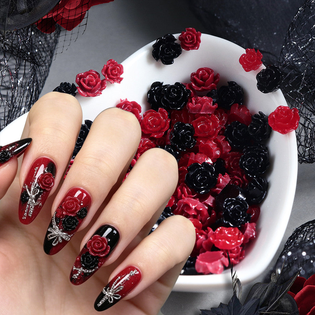 100PCS Cool Dark Red‑Black 3D Rose Resin Nail Charms, Gothic Retro Mixed Nail Decorations, DIY Press On Nail Accessories, Women Manicure Salon Nail Art Supplies