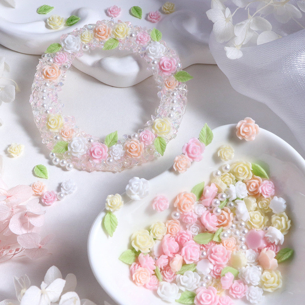100pcs Gentle Spring Atmosphere Macaron 3D Rose Green‑Leaf Pearl Nail Charms Pink‑Yellow‑White Tri‑Color Mixed Resin Nail Art DIY Decor Accessories