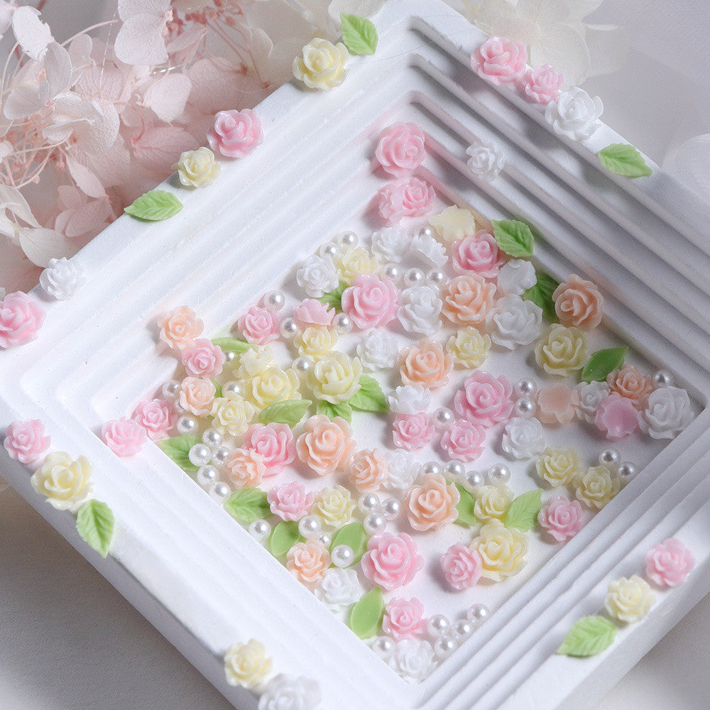 100pcs Gentle Spring Atmosphere Macaron 3D Rose Green‑Leaf Pearl Nail Charms Pink‑Yellow‑White Tri‑Color Mixed Resin Nail Art DIY Decor Accessories
