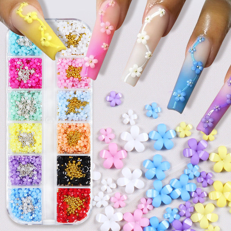12‑Grid 3D 5‑Petal Mini‑Flower Nail Charms Gold Silver Bead Multi‑Color Resin Nail Art DIY Decor Accessories