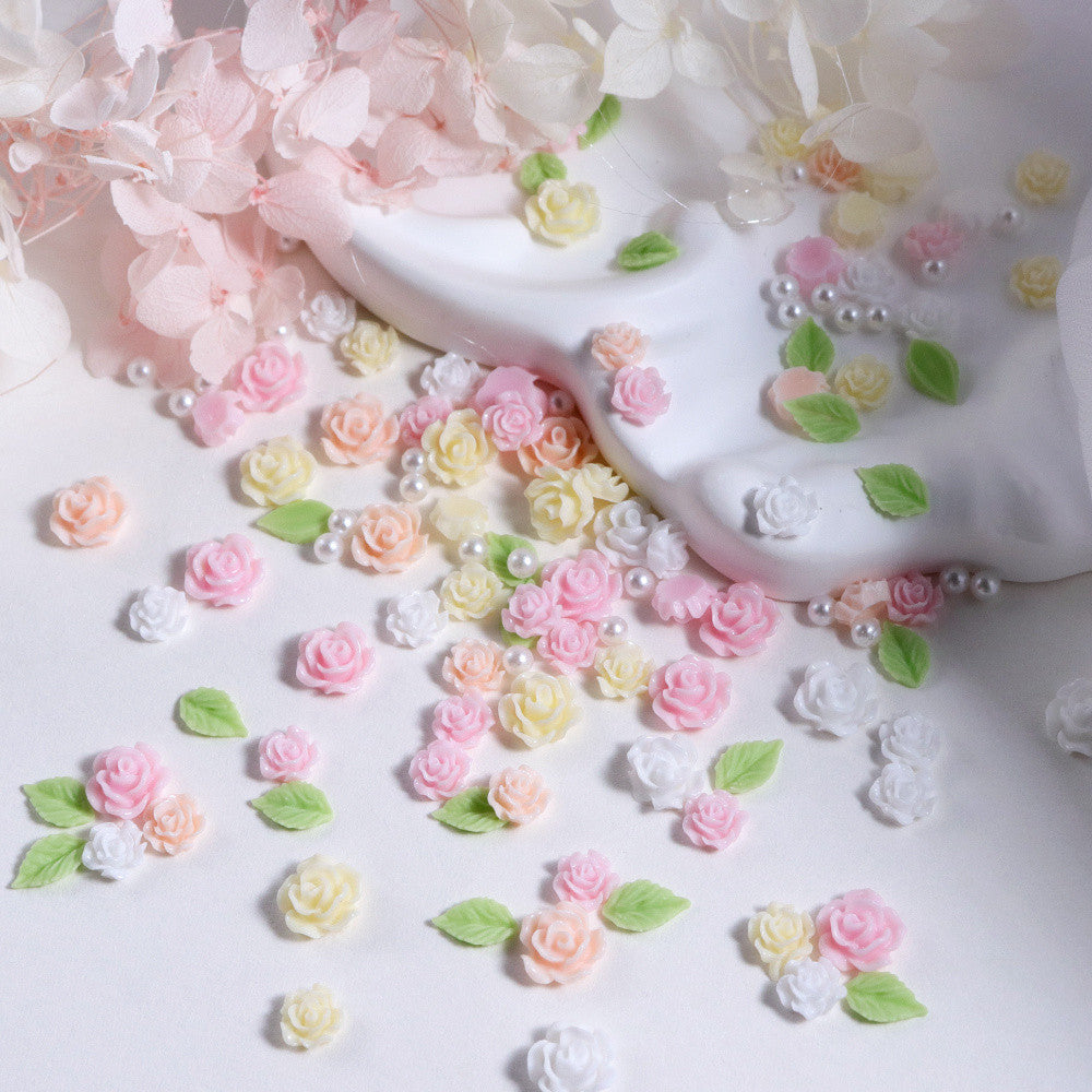 100pcs Gentle Spring Atmosphere Macaron 3D Rose Green‑Leaf Pearl Nail Charms Pink‑Yellow‑White Tri‑Color Mixed Resin Nail Art DIY Decor Accessories