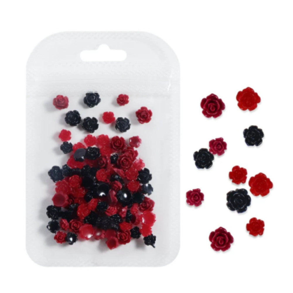 100PCS Cool Dark Red‑Black 3D Rose Resin Nail Charms, Gothic Retro Mixed Nail Decorations, DIY Press On Nail Accessories, Women Manicure Salon Nail Art Supplies