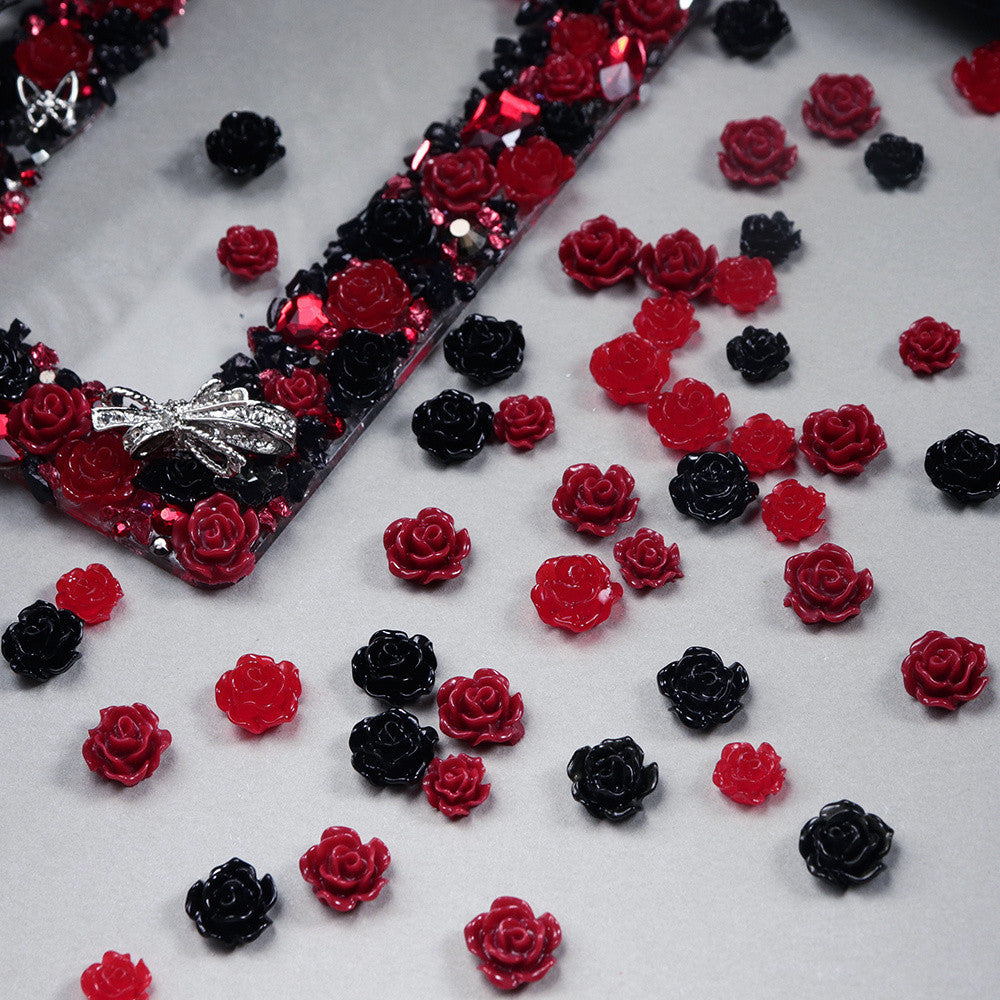 100PCS Cool Dark Red‑Black 3D Rose Resin Nail Charms, Gothic Retro Mixed Nail Decorations, DIY Press On Nail Accessories, Women Manicure Salon Nail Art Supplies