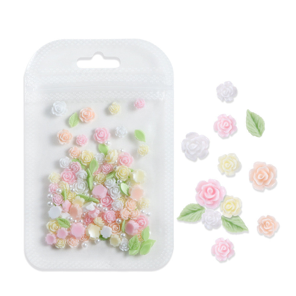 100pcs Gentle Spring Atmosphere Macaron 3D Rose Green‑Leaf Pearl Nail Charms Pink‑Yellow‑White Tri‑Color Mixed Resin Nail Art DIY Decor Accessories