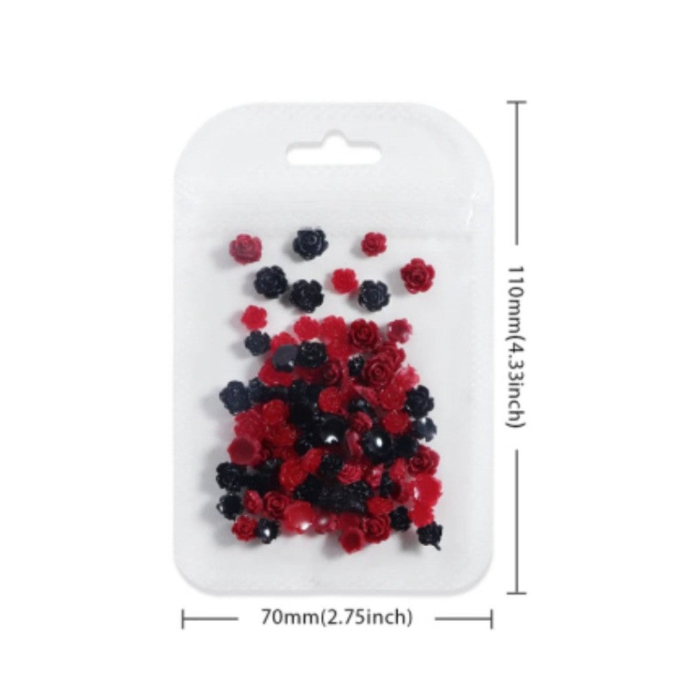 100PCS Cool Dark Red‑Black 3D Rose Resin Nail Charms, Gothic Retro Mixed Nail Decorations, DIY Press On Nail Accessories, Women Manicure Salon Nail Art Supplies