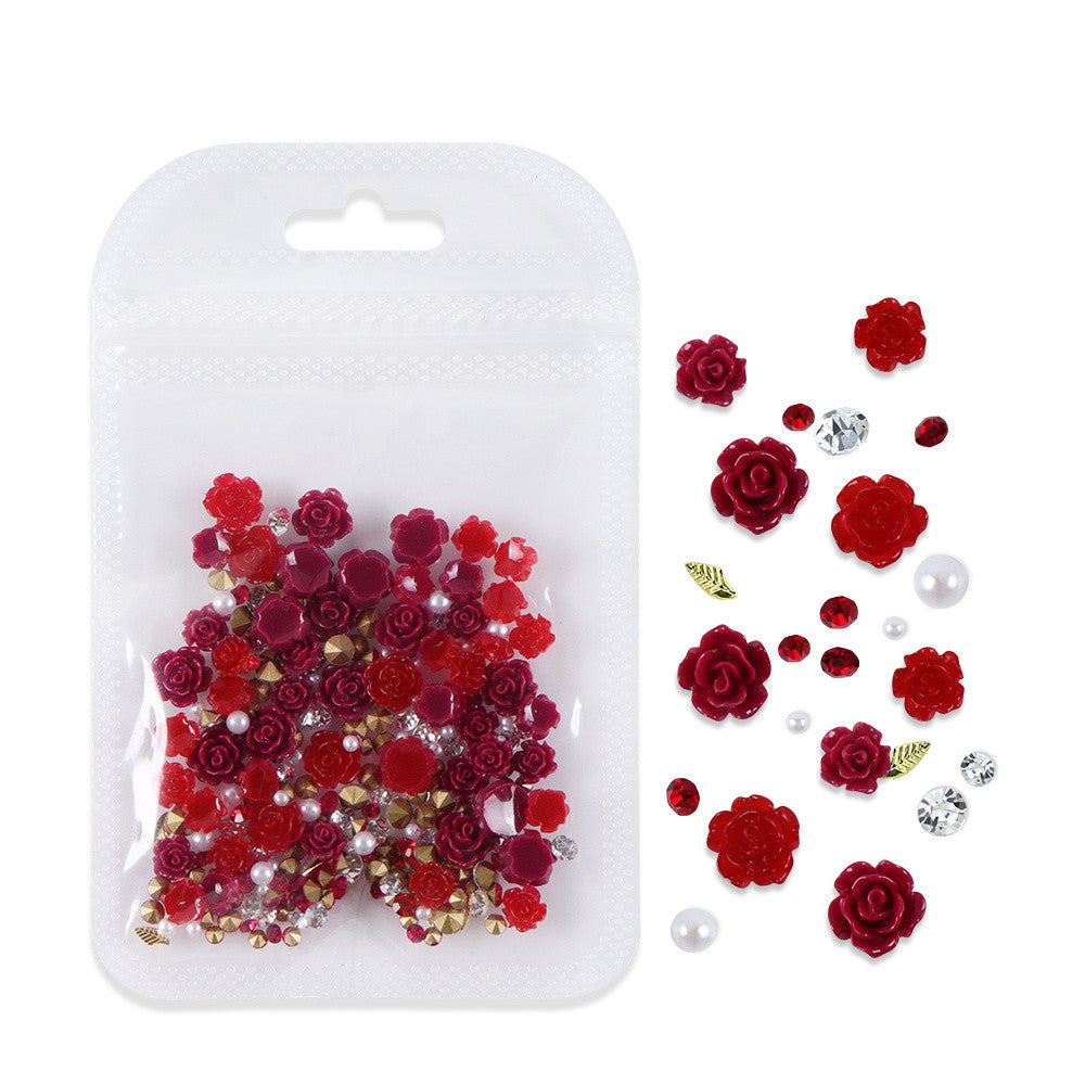 50pcs Red Rose Nail Charms , 3D Resin Flower Nail Decorations with Rhinestones & Pearls, Y2K Romantic Gothic DIY Nail Salon Supplies