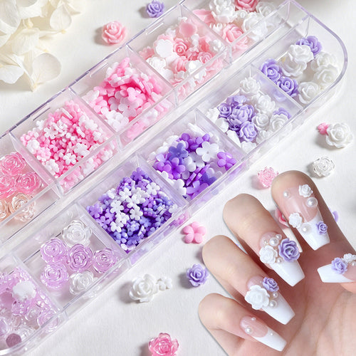 1 Box 3D Rose Flower Nail Charm Pink Purple White Resin 3D Flower Decoration, Kawaii Nail Accessories, Y2K Romantic Gentle Simple Style Nail Supplies, for DIY Nail Salon Decoration