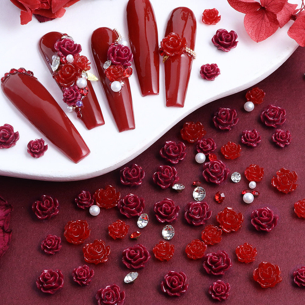 50pcs Red Rose Nail Charms , 3D Resin Flower Nail Decorations with Rhinestones & Pearls, Y2K Romantic Gothic DIY Nail Salon Supplies