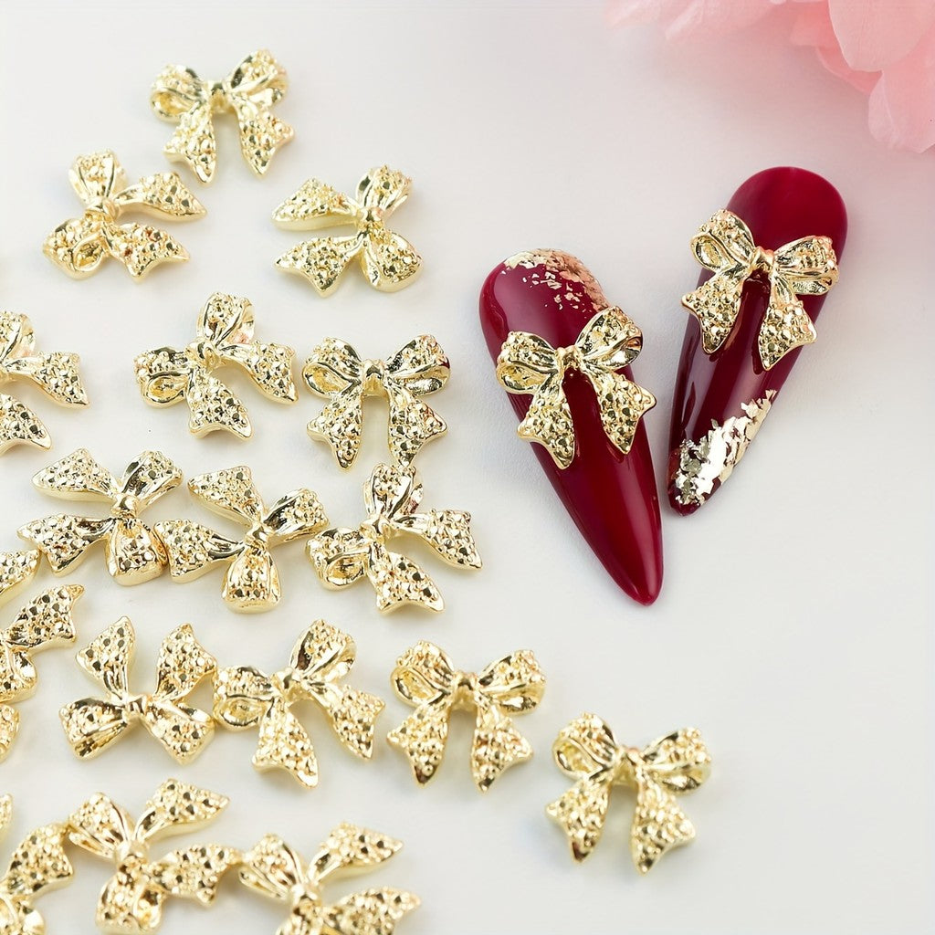 20Pcs Gold Silver Bow Nail Art Charms Kawaii 3D Metal Ribbon Bowknot Nail Decoration Accessories DIY Valentine's Day Manicure Decoration, Nail art Supplies