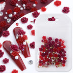 50pcs Red Rose Nail Charms , 3D Resin Flower Nail Decorations with Rhinestones & Pearls, Y2K Romantic Gothic DIY Nail Salon Supplies